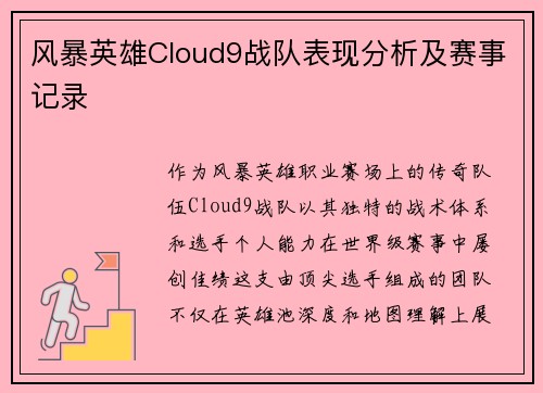 风暴英雄Cloud9战队表现分析及赛事记录