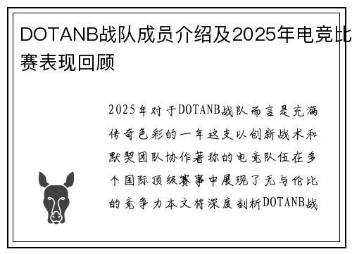 DOTANB战队成员介绍及2025年电竞比赛表现回顾